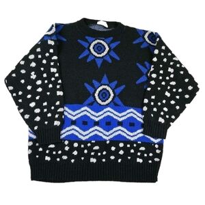 Vintage Crewneck Cosby Sweater L Black Blue Geometric Aztec USA Grunge Grandpa
